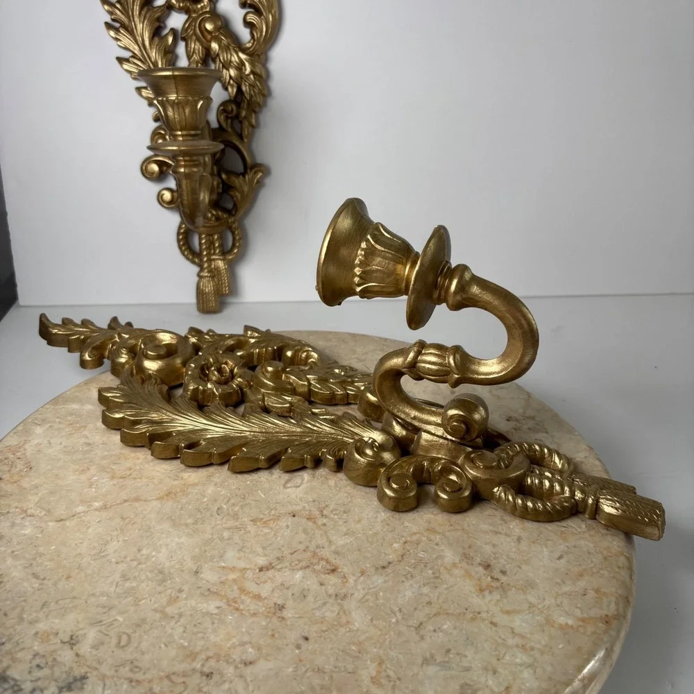 Burwood Vintage Gold Wall‎ Sconce Pair Ornate Hollywood Regency Floral Tassel